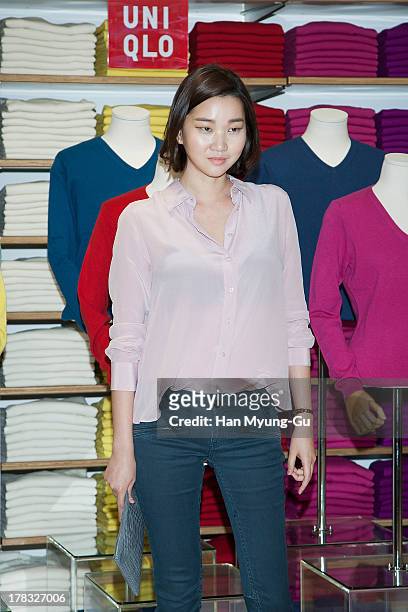 South Korean model Jang Yoon-Ju attends during the "Uniqlo" 2013 F/W Silk/Cashmere Project press event at Gangnam Uniqlo Store on August 29, 2013 in...