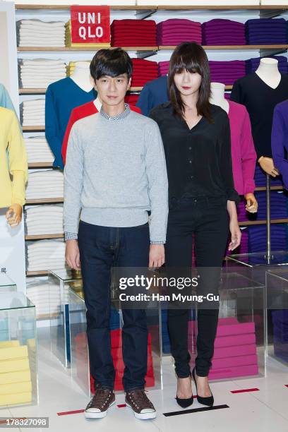 South Korean director Bae Doo-Han and actress Bae Doo-Na attend during the "Uniqlo" 2013 F/W Silk/Cashmere Project press event at Gangnam Uniqlo...