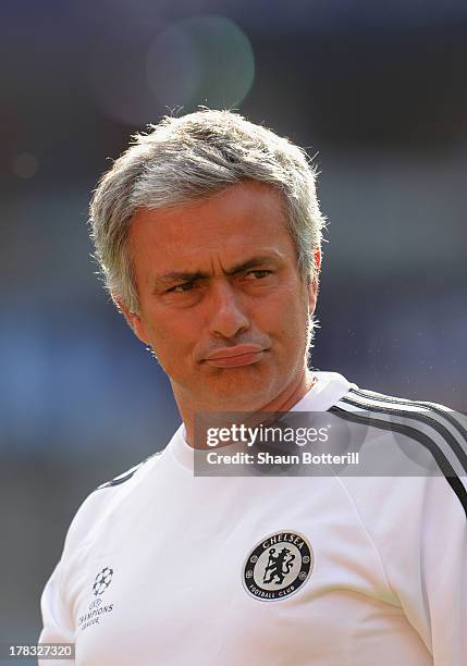 Jose Mourinho the Chelsea coach during a training session prior to the UEFA Super Cup match between FC Bayern Munchen and Chelsea at Stadion Eden on...