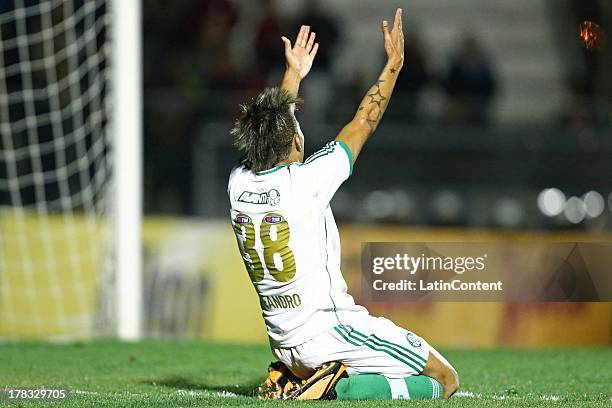 Leandro of Palmeiras celebrates a scored goal against Atletico Paranaense during a match between Atlético Paranaense and Palmeiras as part of the...