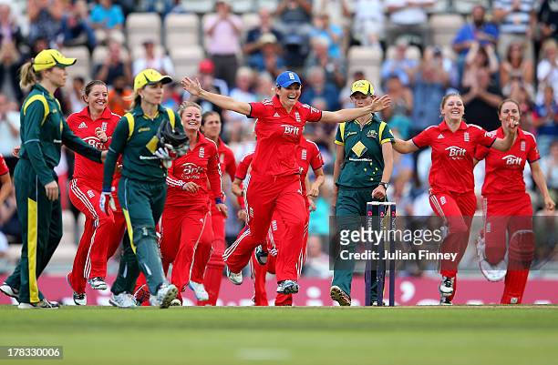 Charlotte Edwards, Captain of England leads the celebrations after their win over Australia during the 2nd NatWest T20 match between England Women...