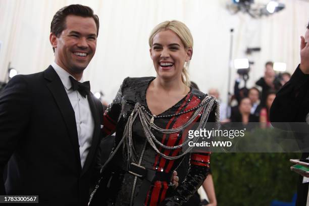 Andrew Rannells and Riley Keough, Red carpet arrivals at the 2017 Met Gala: Rei Kawakubo/Comme des Garcons, May 1st, 2017.