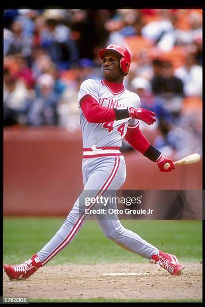 Outfielder Eric Davis of the Cincinnati Reds in action during a game against the San Francisco Giants at Candlestick Park in San Francisco,...
