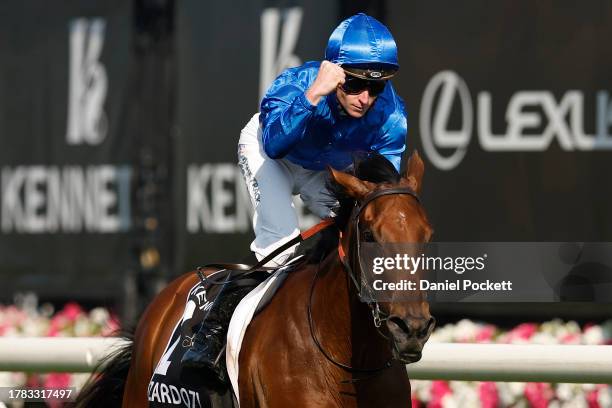 James McDonald riding Zardozi wins Race 8 Kennedy Oaks during Oaks Day at Flemington Racecourse on November 09, 2023 in Melbourne, Australia.