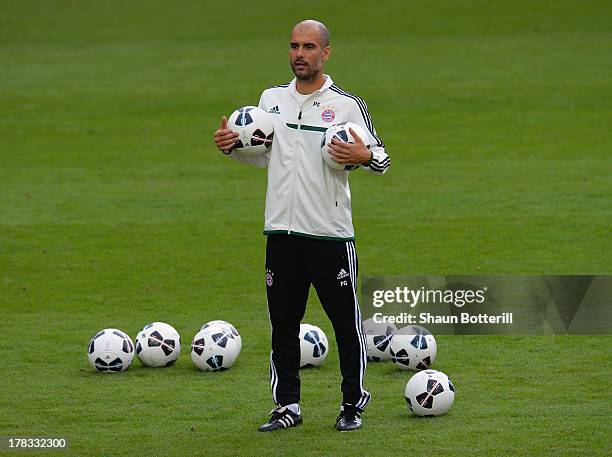 Pep Guardiola the FC Bayern Munchen coach during a training session prior to the UEFA Super Cup match between FC Bayern Munchen and Chelsea at...