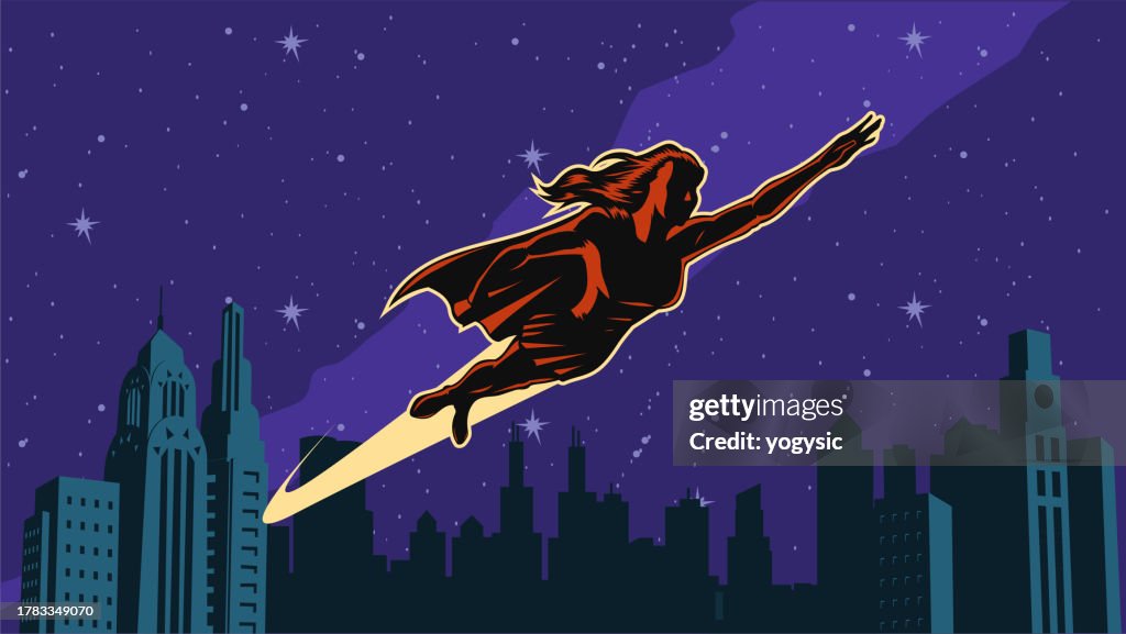 Vektor Vintage Weibliche Superheldin Fliegen mit Stadt Hintergrund Stock Illustration