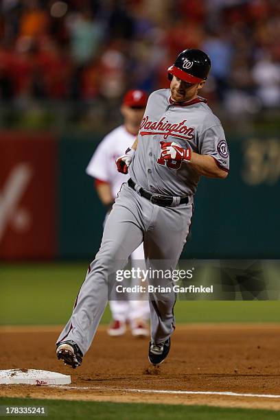 Chad Tracy of the Washington Nationals rounds third base after hitting a home run during the game against the Philadelphia Phillies at Citizens Bank...