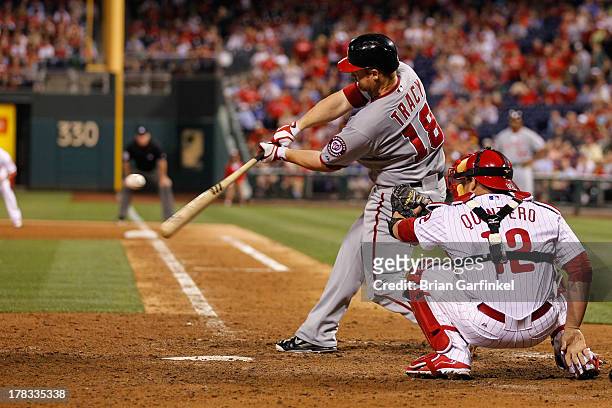 Chad Tracy of the Washington Nationals swings at a pitch during the game against the Philadelphia Phillies at Citizens Bank Park on June 17, 2013 in...