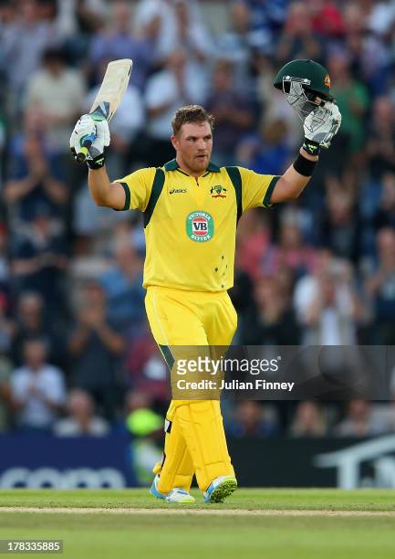 Aaron Finch of Australia celebrates his century during the 1st NatWest Series T20 match between England and Australia at Ageas Bowl on August 29,...
