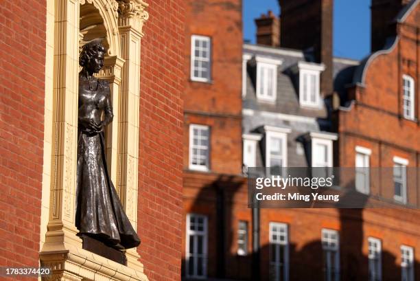 Bronze sculpture of the late Queen Elizabeth at Royal Albert Hall on November 15, 2023 in London, England. The bronze sculptures of the late Queen...
