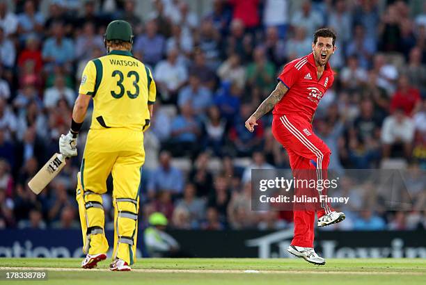 Jade Dernbach of England celebrates taking the wicket of Shane Watson of Australia during the 1st NatWest Series T20 match between England and...