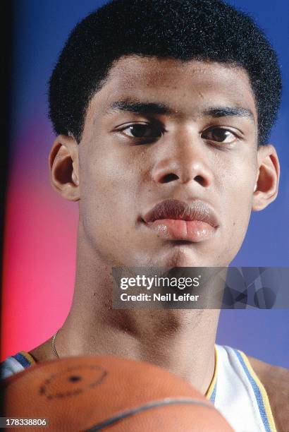 Closeup portrait of UCLA Lew Alcindor with ball during photo shoot. Los Angeles, CA 2/26/1966 CREDIT: Neil Leifer