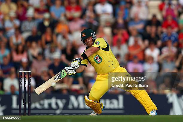 Aaron Finch of Australia hits out on his way to making 150 runs during the 1st NatWest Series T20 match between England and Australia at Ageas Bowl...