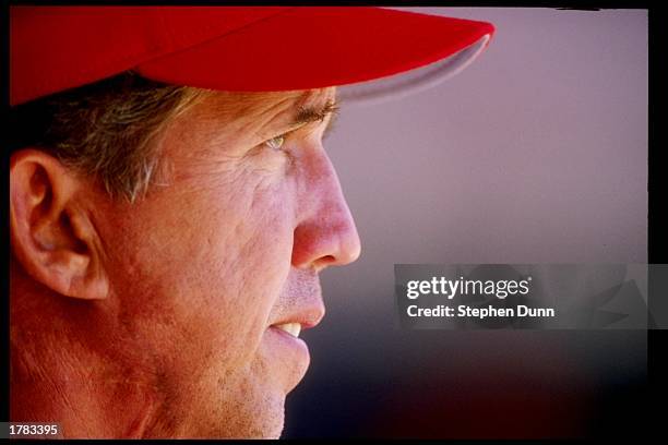 Manager Davey Johnson of the Cincinnati Reds looks on during a game against the San Diego Padres at Jack Murphy Stadium in San Diego, California....