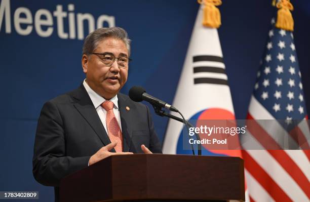 South Korean Foreign Minister Park Jin speaks during the joint press conference with U.S. Secretary of State Antony Blinken at the foreign ministry...