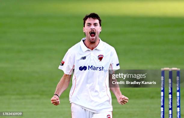 Jordan Buckingham of South Australia celebrates taking the wicket of Mark Steketee of Queensland during day four of the Sheffield Shield match...