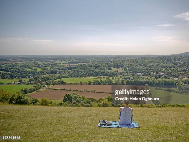 woman looking out across english countryside - north downs stock pictures, royalty-free photos & images
