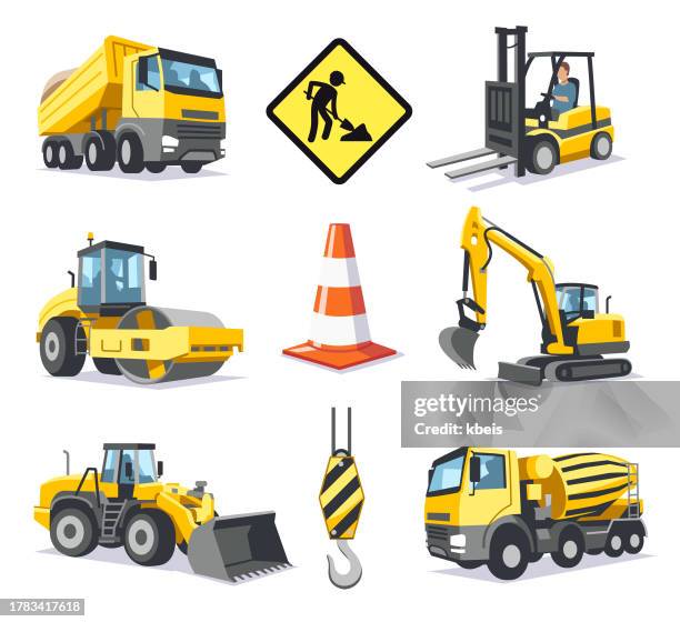 stockillustraties, clipart, cartoons en iconen met construction vehicles transportation- icon set - kiepwagen