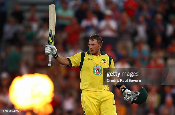 Aaron Finch of Australia celebrates making 150 runs during the 1st NatWest Series T20 match between England and Australia at Ageas Bowl on August 29,...