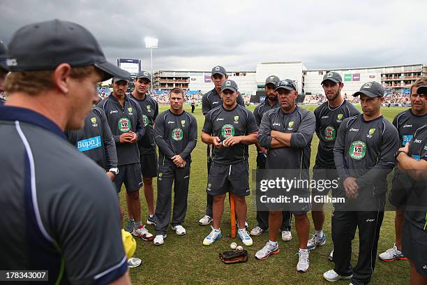 George Bailey of Australia talks to his team-mates prior to the start of the 1st NatWest Series T20 match between England and Australia at Ageas Bowl...