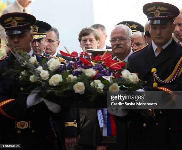 Slovak President Ivan Gasparovic attends a wreath laying ceremony during the 69th anniversary celebrations of the Slovak National Uprising on August...