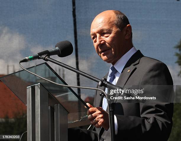 Romanian President Traian Basescu speaks during the 69th anniversary celebrations of the Slovak National Uprising on August 29, 2013 in Banska...