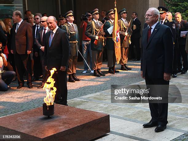 Slovak President Ivan Gasparovic and Romanian President Traian Basescu attend the 69th anniversary celebrations of the Slovak National Uprising on...