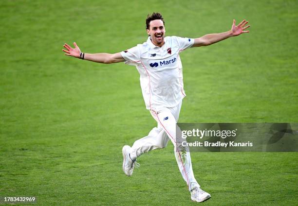 Jordan Buckingham of South Australia celebrates victory after taking the wicket of Usman Khawaja of Queensland during day four of the Sheffield...