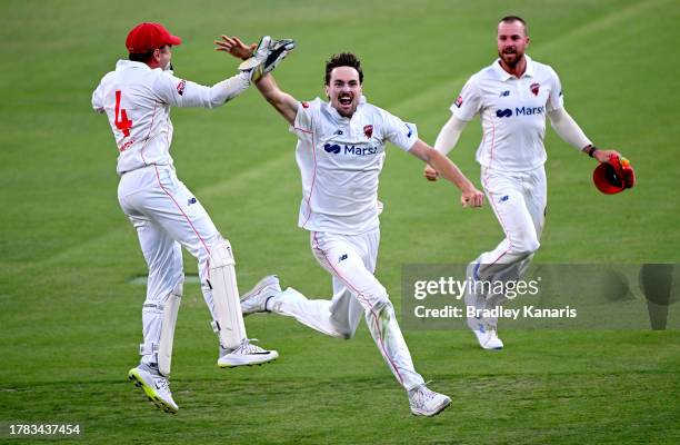 Jordan Buckingham of South Australia celebrates victory after taking the wicket of Usman Khawaja of Queensland during day four of the Sheffield...