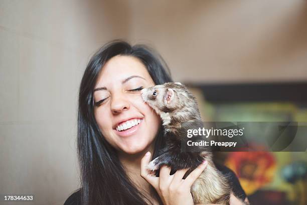 girl and pet ferret - mustela putorius furo stock pictures, royalty-free photos & images