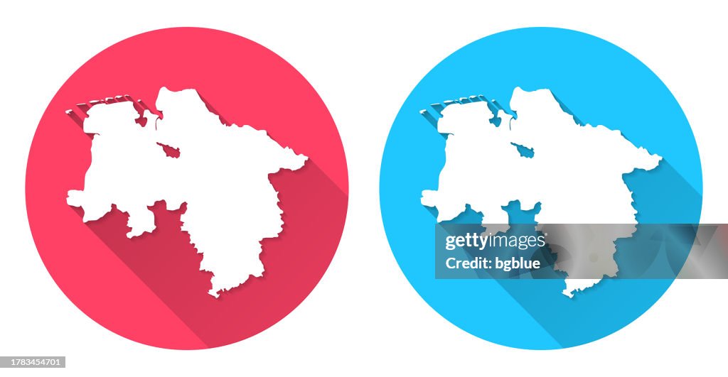 Lower Saxony map. Round icon with long shadow on red or blue background