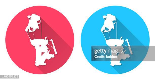 macau map. round icon with long shadow on red or blue background - macao stock illustrations