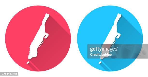 manhattan map. round icon with long shadow on red or blue background - manhattan map stock illustrations