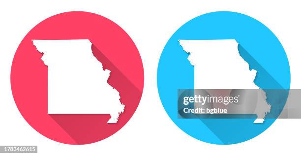missouri map. round icon with long shadow on red or blue background - jefferson city missouri stock illustrations