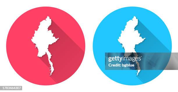 myanmar map. round icon with long shadow on red or blue background - yangon myanmar stock illustrations