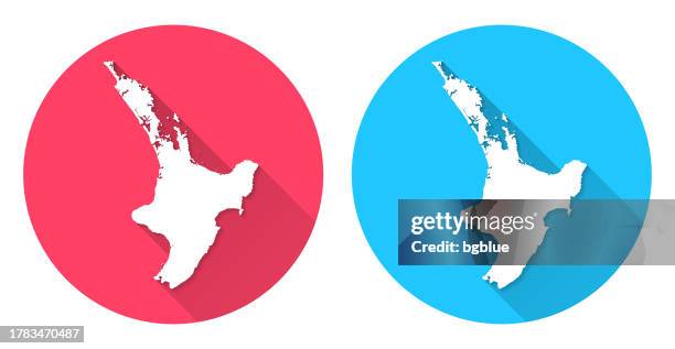 karte der nordinsel. rundes symbol mit langem schatten auf rotem oder blauem hintergrund - nordinsel von neuseeland stock-grafiken, -clipart, -cartoons und -symbole