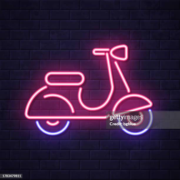 scooter motorcycle - side view. glowing neon icon on brick wall background - moped delivery stock illustrations