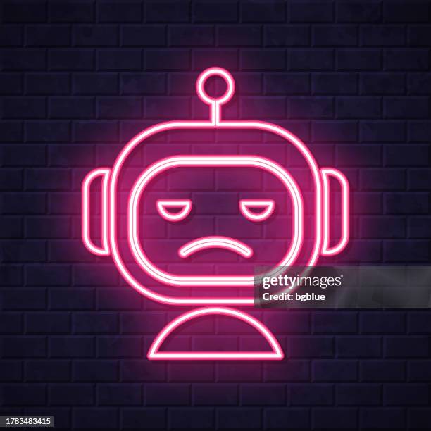 sad bot - robot face. glowing neon icon on brick wall background - face lit by computer stock illustrations