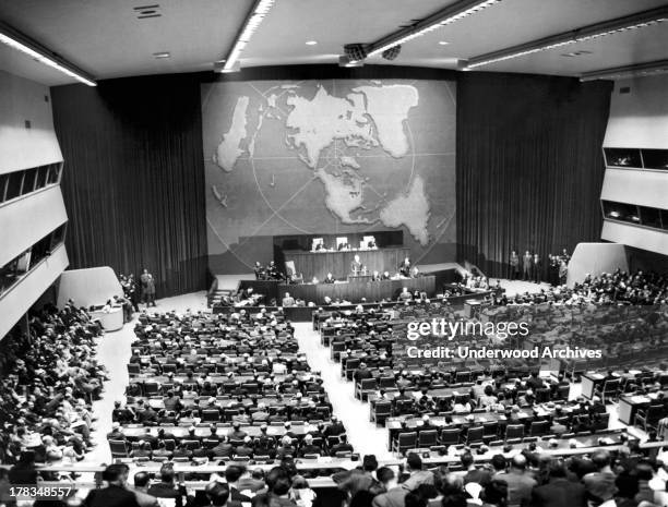 President Harry Truman makes his formal welcoming speech to the members of the UN General Assembly at its opening session in New York, New York,...