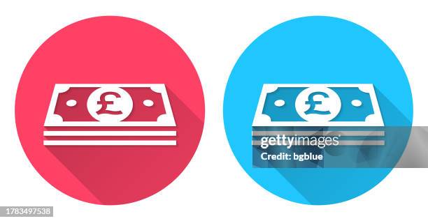pound banknotes. round icon with long shadow on red or blue background - pound notes stock illustrations