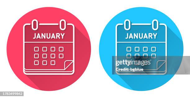 january calendar. round icon with long shadow on red or blue background - two weeks stock illustrations