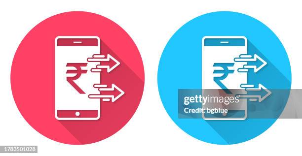 sending indian rupee with smartphone. round icon with long shadow on red or blue background - mobile payment stock illustrations