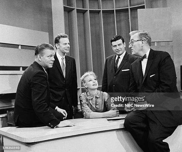 Season 7 -- Pictured: NBC News' Jack Lescoulie, Charles Van Doren, Betsy Palmer, Frank Blair, Dave Garroway on September 24, 1958 --