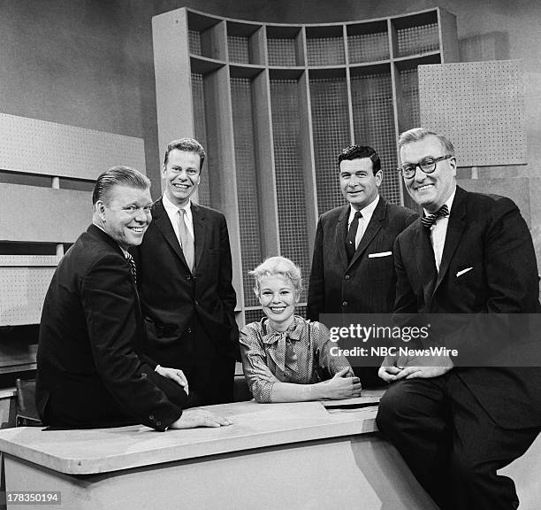 Season 7 -- Pictured: NBC News' Jack Lescoulie, Charles Van Doren, Betsy Palmer, Frank Blair, Dave Garroway on September 24, 1958 --