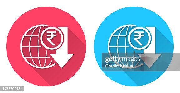 Indian rupee rate decrease. Round icon with long shadow on red or blue background Indian rupee rate decrease. Round icon with long shadow on red or blue background