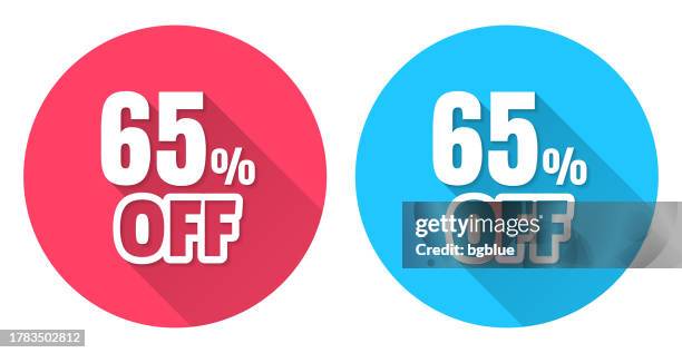 stockillustraties, clipart, cartoons en iconen met 65 percent off (65% off). round icon with long shadow on red or blue background - number 65