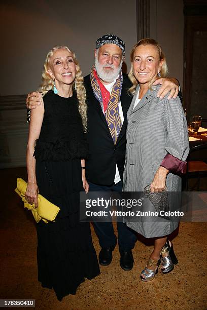 Franca Sozzani, Bruce Weber and Miuccia Prada attend the Miu Miu Women's Tales dinner hosted by Miuccia Prada at the Ca' Corner on August 29, 2013 in...