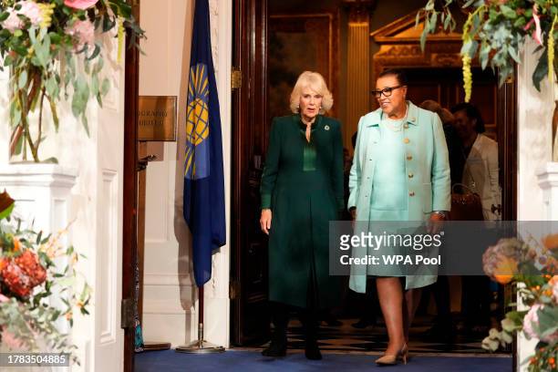 Queen Camilla and Patricia Scotland, Baroness Scotland attend the Commonwealth Women Leader's event at Marlborough House on November 15, 2023 in...