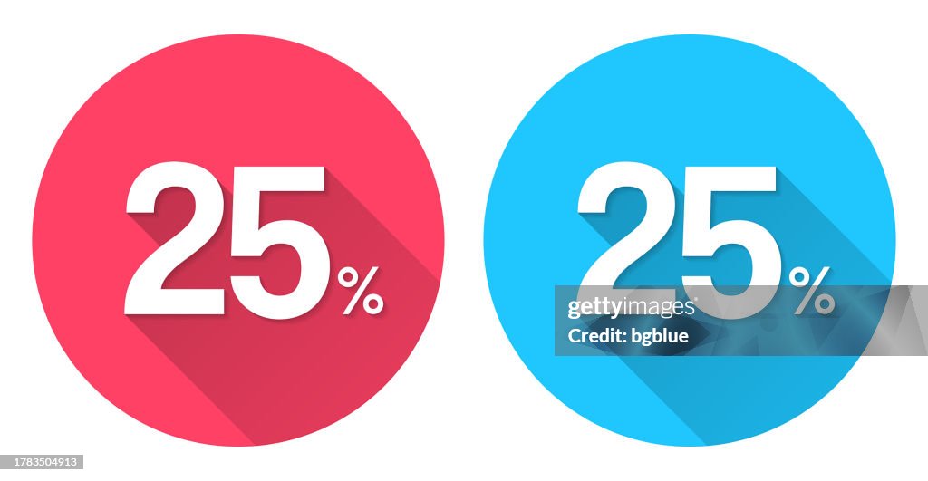 25% - Twenty-five percent. Round icon with long shadow on red or blue background