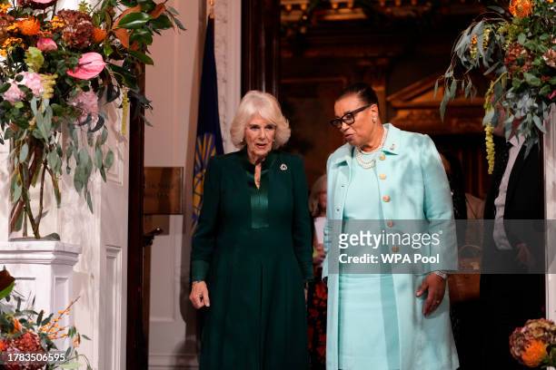 Queen Camilla and Patricia Scotland, Baroness Scotland attend the Commonwealth Women Leader's event at Marlborough House on November 15, 2023 in...